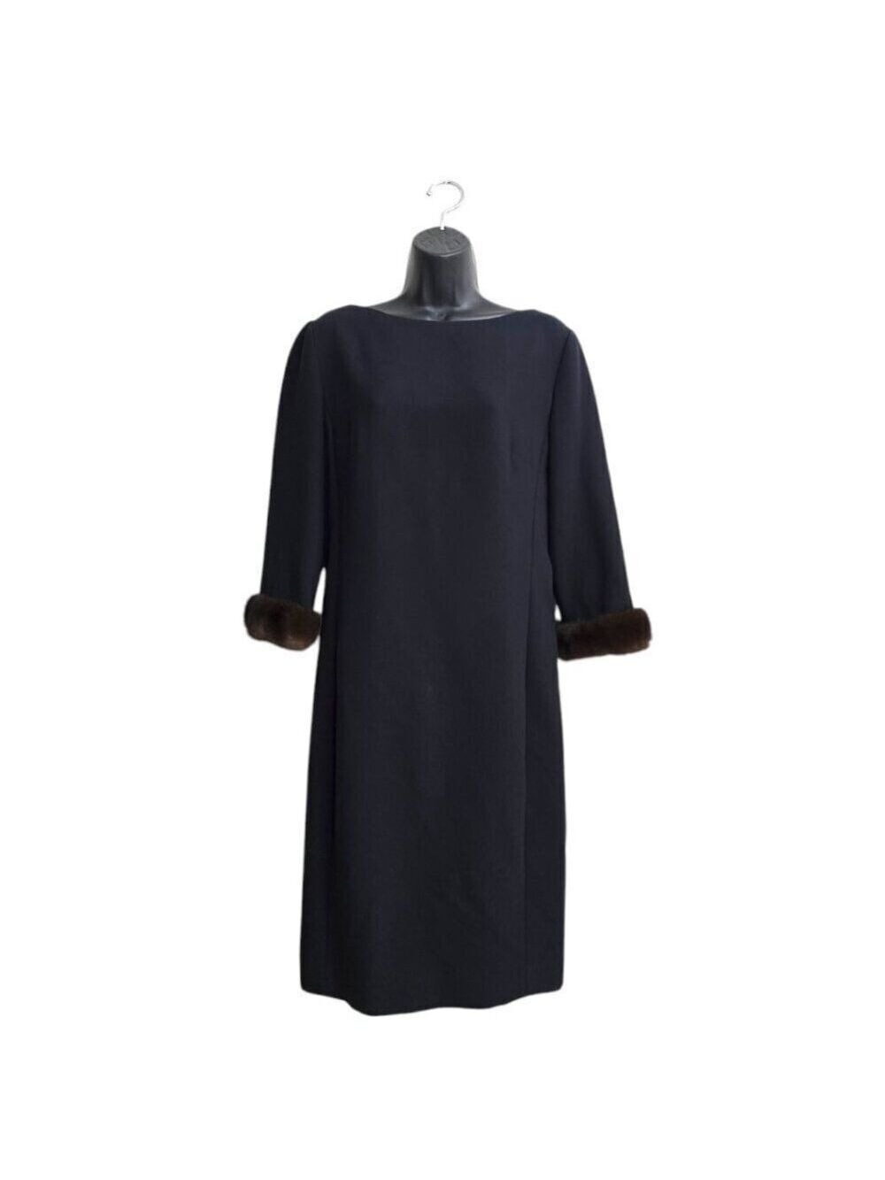 Chetta B Vintage Black Fur Trimmed Long Sleeve Knee Length Shift Dress Sz 10